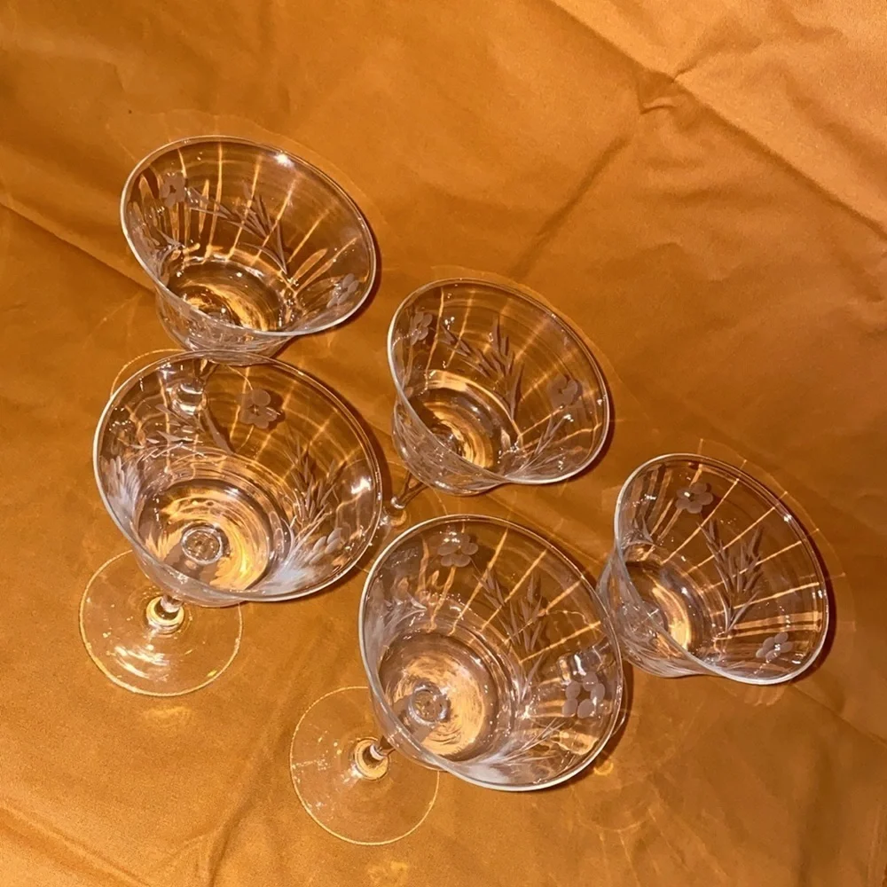 Vintage Set of 4 plus one crystal small glasses 4 2/3” tall